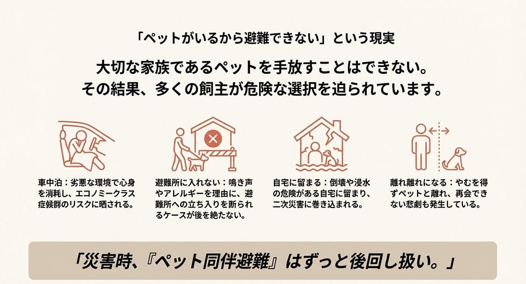 ペットは家族なのです。おいて避難することはできないのです。